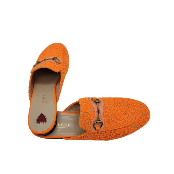 Gucci Princetown Orange Floral Lace Mules Size 38 - Picture 3 of 10
